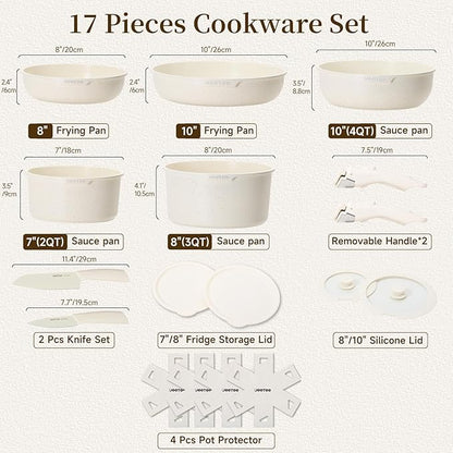 JEETEE Pots and Pans Set Non Stick 17pcs, Kitchen Cookware Sets with Detachable Handle, Induction Nonstick Cookware Set with Removable Handle, Stackable RV Cookware, Oven Safe, PFAS/PFOA Free, Beige