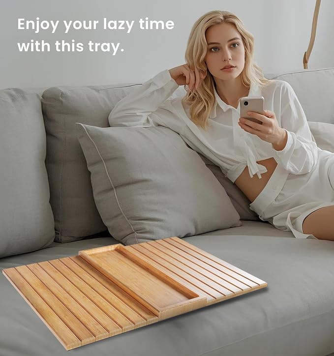 Sofa Arm Tray,Bamboo Folding Couch Arm Tray,Sofa Armrest Trays with Anti-Slip Pad for Drinks,Snacks,Phone,Remote Control（Natural）