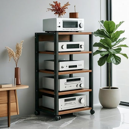 5 Tier AV Media Stand, Audio Rack Tower Stereo Components Cabinet, Home Theatre CD Record Player Stereo Receiver Equipment Rack with Adjustable Wood Shelves, Load 220lbs (Walnut Brown)