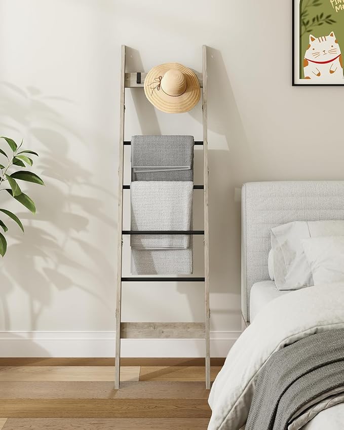 Hzuaneri Blanket Ladder for Living Room, Decorative Quilt Rack with 4 Removable Hooks, 6-Tier Farmhouse Ladder Holder Shelf Organizer for Bedroom, Greige and Black BR31505B