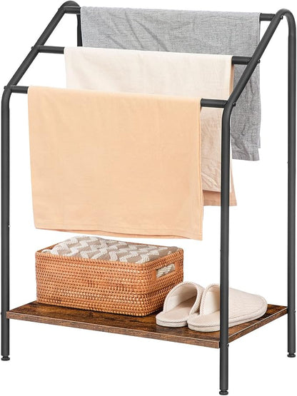 HOOBRO Freestanding Towel-Rack for Bathroom, 3 Tier Blanket Rack for Living Room, 23.6" L x 14.2" W x 33.9" H, Quilt Blanket Ladder Holder, Drying and Display Rack, Rustic Brown and Black BF63LB01