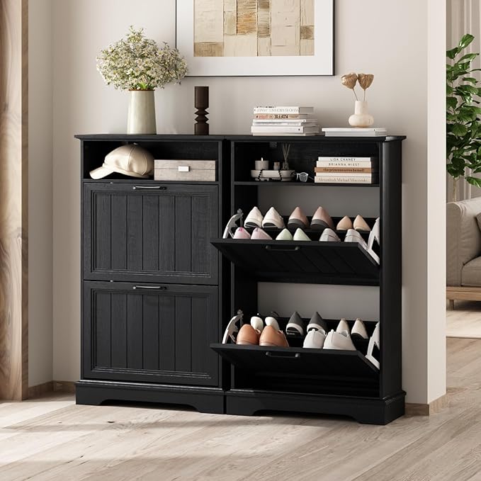 Shoe Storage Cabinet with 2 Flip Drawers, 24" W Farmhouse Modern Hidden Shoes Rack Cabinet with Adjustable Shelves & Open Storage, Narrow Slim Shoe Organizer for Front Door Entrance, Entryway, Black