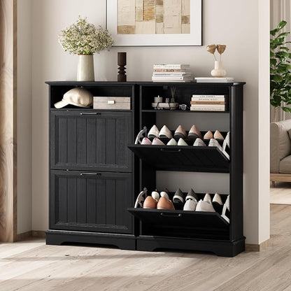 Shoe Storage Cabinet with 2 Flip Drawers, 24" W Farmhouse Modern Hidden Shoes Rack Cabinet with Adjustable Shelves & Open Storage, Narrow Slim Shoe Organizer for Front Door Entrance, Entryway, Black