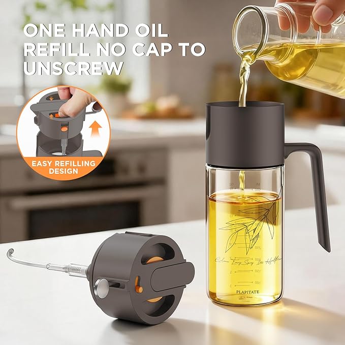 17oz/500ml Premium Olive Oil Sprayer for Cooking, 2 in 1 Glass Olive Oil Dispenser Bottle for Kitchen Gadgets, Spray Bottle with Portion Control for Salad, Frying, BBQ (Gray)