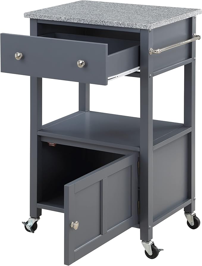 OSP Home Furnishings Fairfax Farmhouse Kitchen Cart with Granite Top, Rolling Storage Cabinet with Towel Rack, Shelf and Drawer, Grey Finish