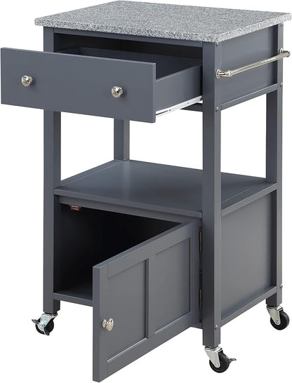 OSP Home Furnishings Fairfax Farmhouse Kitchen Cart with Granite Top, Rolling Storage Cabinet with Towel Rack, Shelf and Drawer, Grey Finish