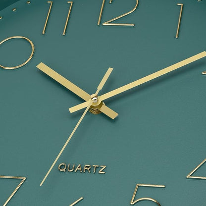 Foxtop Modern Wall Clock 12 Inch Silent Non Ticking Battery Operated Round Quartz Gold Wall Clock for Living Room Bedroom Kitchen Office Classroom Decor (Dark Green Dial)