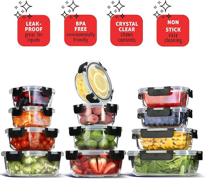 Nestl 24pc Glass Storage Containers with Lids, 12 Glass Food Storage Containers with 12 Airtight Lids for Pantry & Kitchen, Meal Prep Containers for Lunch, Oven Microwave & Dishwasher Safe, Black