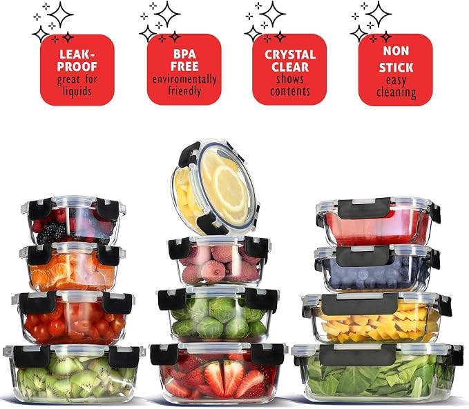 Nestl 48pc Glass Storage Containers with Lids, 24 Glass Food Storage Containers with 24 Airtight Lids for Pantry & Kitchen, Meal Prep Containers for Lunch, Oven Microwave & Dishwasher Safe, Black