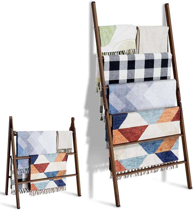 Delywh 6-Tier Wide Double Blanket Ladder Wood, Rustic Decorative Towel Rack for Big Blanket, Towel, Quilt, Clothes, Freestanding Blanket Holder Towel Ladder Decor Stand for Living Room, Bedroom, Brown