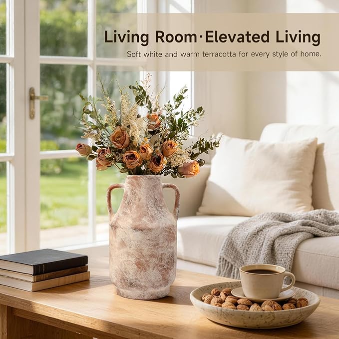 Ceramic Flower Vase with Handles – 11 Inch Tall Rustic Farmhouse Centerpiece Vase, Distressed Terracotta Style Decorative Vase, Living Room, Dining Table, Entryway & Fireplace Home Decor