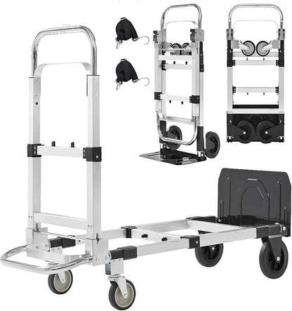 Upgraded 3 in 1 Aluminum Folding Hand Truck, 600lbs Capacity, Heavy Duty Convertible Dolly with Retractable Handle and 4 Rubber Wheels, Collapsible Cart for Moving Home, Office, Warehouse (Black)