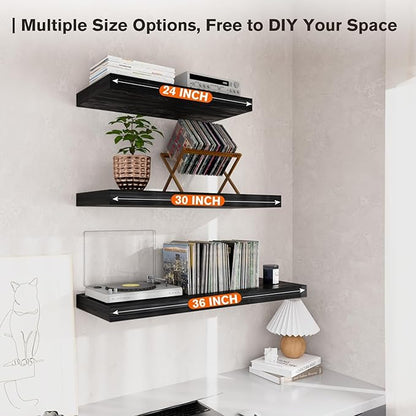 JPND Floating Shelf, Set of 2 Wall Shelf, 24 in W x 12.75 in D x 2 in H Wooden Floating Wall Shelf with Invisible Brackets for Living Room/Bedroom/Bathroom/Kitchen Storage and Decor, Black Wood