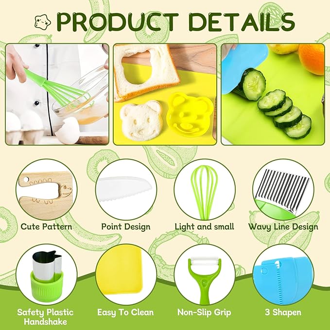 Chanking 17 Pieces Kids Safe Knife Set for Real Cooking Child-Friendly Plastic Chef Tools Montessori Kitchen Toys for Toddlers Birthday Gifts for Boys and Girls Ages 4+ (A)