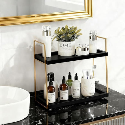 Coffee Bar Accessories, Black Gold Coffee Station Organizer for Countertop Decor, 2 Tier Large Wooden CoffeeBar Shelf for Office, Breakroom, Bathroom
