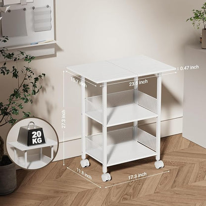 BOHDK Printer Stand, 3-Tier Industrial Large Printer Table with Shelf, 23"x15" Mobile Heavy Duty Storage Rack on Wheels for Home Office Printer Fax Machine Scanner Copier, White