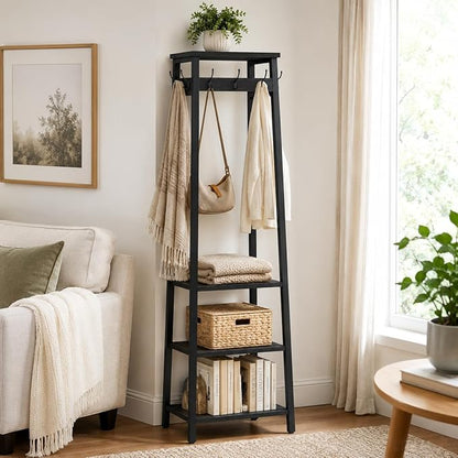 Coat Rack Freestanding, Coat Stand with 3 Shelves and 7 Hooks, Hall Tree Free Standing, Clothes Rack Stand Organizer for Bedroom, Hallway, Entryway, Living Room, Industrial Style, Black