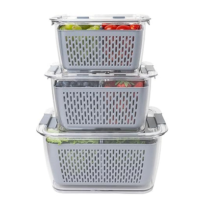 Kitchen Spaces Stackable Fridge Storage Colander Containers for Fresh Produce, Variety Pack, 3 Sizes to Organize Washed Fruits and Veggies, Snap and Seal Lids with Adjustable Vents, Hand Wash Only