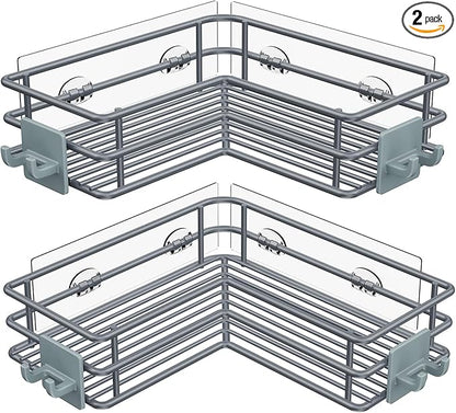 Nieifi Adhesive Corner Shower Caddy Shelf Basket Rack with Hooks, Rust Proof Stainless Steel Bathroom Shelf Shampoo Holder No Drilling (Gray)