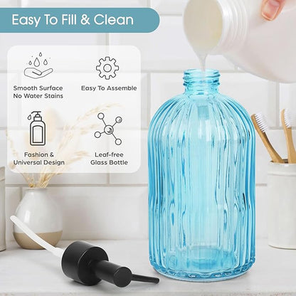 Topsky Stripe Glass Soap Dispenser with Black Plastic Pump, 400ml Liquid Hand Soap Dispenser, Rustproof Pump for Kitchen & Bathroom, Great for Lotions, Essential Oil, Liquid Soaps- (Light Blue)