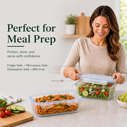 2 Pack 63oz Large Glass Storage Containers with Lids Big Meal Prep Food Container Set for Storing food, vegetables or fruits, BPA Free, Freezer Dishwasher Oven Safe