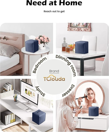 Tclouda Tissue Box Cover for PU Leather, Modern Simple Solid Color Holder Square Tissue Bag, Ideal for Bathrooms,Office,Car,Outdoor Tent,Dining Table,5"X5"X5", Double Navy Blue