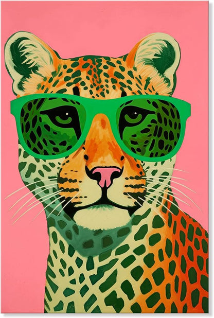 7CANVAS Preppy Wall Art Cheetah Picture Wall Decor Pink Leopard Print Animal with Sunglasses Chic Painting for Modern Home Girls Dorm 16x24Inch