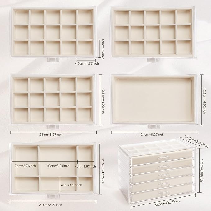 GUOER 5 Drawers Clear Jewelry Box for Women and Girls, Acrylic Earring Holder Organizer Ring Holder Display Storage, Mother's Day Warm White