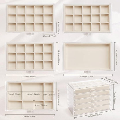 GUOER 5 Drawers Clear Jewelry Box for Women and Girls, Acrylic Earring Holder Organizer Ring Holder Display Storage, Mother's Day Warm White