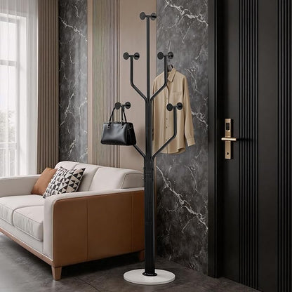 Coat Rack Freestanding with 10 Hooks, Metal Coat Rack Stand, Heavy Duty Standing Coat Tree with White Sturdy Round Base for Clothes, Hat, Jacket/Entryway, Hallway, Bedroom, Black