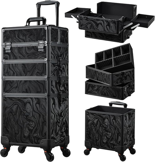 Stagiant Rolling Makeup Case Cosmetology Case on Wheels 4 in 1 Makeup Travel Case Extra Large Cosmetic Box with Key Make Up Artist Traveling Storage Nail Case Salon Barber Cart Trunk Alpine Black