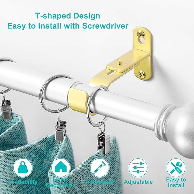 Adjustable Curtain Rod Brackets, Metal Window Drapery Rod Hanger Holders Hooks for 1 inch Rods (Warm Gold, Set of 3)