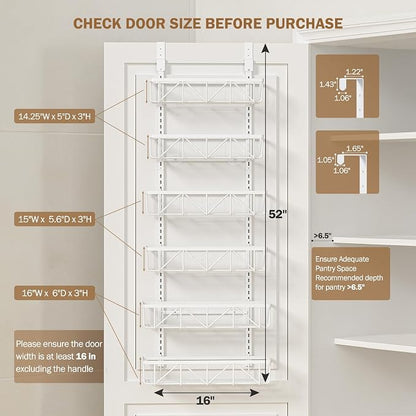 Delamu Adjustable Over the Door Pantry Organizer, 6-Tier Metal Pantry Organization and Storage for Kitchen, Hanging Spice Rack Seasoning Shelves, Cabinet Door Organizer for Easy Install, 16"