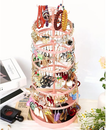 17Dec 6 Tier Rotating Jewelry Organizer Stand, 230 Holes Earring Holder Organizer for Women Girls, Spinning Earring Tree with Ring Holder, Wide Base for Bracelets Watches Lipstick