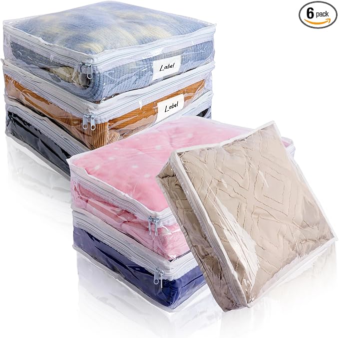 Clear Zippered Storage Bags Plastic Sweater Storage Bags with Zipper 6 Packs Clothing Organizer for Blankets Linen Sweater Bed Sheet Quilt Clothes Pillow (12 x 12 x 4 Inch, White)