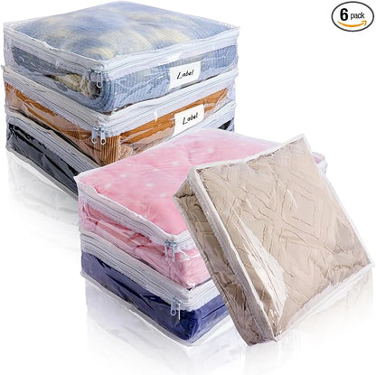 Clear Zippered Storage Bags Plastic Sweater Storage Bags with Zipper 6 Packs Clothing Organizer for Blankets Linen Sweater Bed Sheet Quilt Clothes Pillow (12 x 12 x 4 Inch, White)