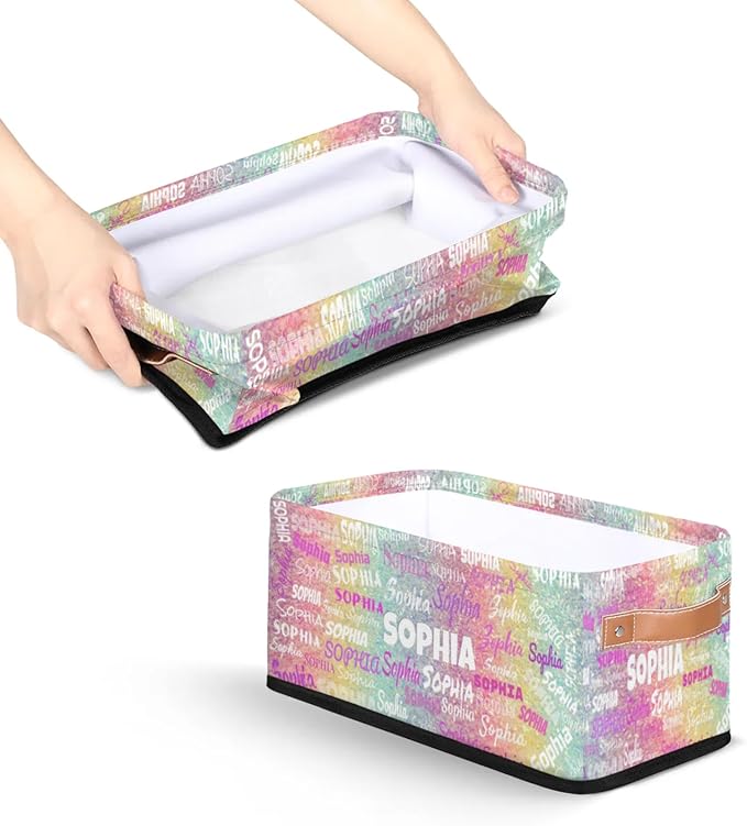 Personalized Small Storage Basket with Name, Countertop Toilet Paper Basket, Entryway Organizing Keys Books Toys Towels, Desk Shelf Makeup Organization, Colorful Rainbow Glittering Printed