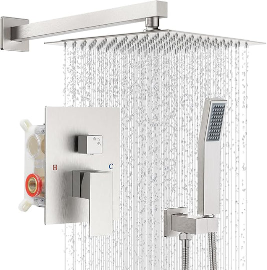 10" Square Rain Shower Faucet Set, Wall Mount, Brush Nickel | 304 SS, air tech boosts pressure 50%, dual spray, anti-fingerprint