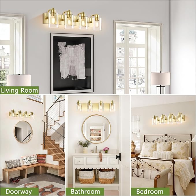 Gold Bathroom Light Fixtures,Gold Vanity Light Wall Sconces,4-Light Bathroom Lights Over Mirror with Clear Glass Shade for Kitchen Living Room Bedroom