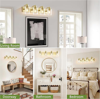 Gold Bathroom Light Fixtures,Gold Vanity Light Wall Sconces,4-Light Bathroom Lights Over Mirror with Clear Glass Shade for Kitchen Living Room Bedroom