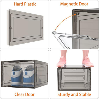 HOMIDEC Shoe Storage, 6 Pack Shoe Organizer Hard Plastic Shoe Box, Shoe Boxes Clear Plastic Stackable, Shoe Boxes with Lids for Size 13, Clear Smoke