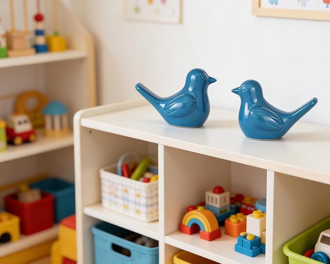 Artconal Small Blue Bird Statue Ceramic 2-Piece Set, 4½ inch Cute Knick Knack for Home Office Shelf Desk Decor