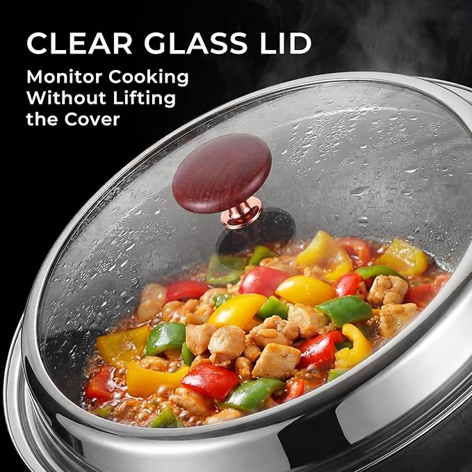 13.07-Inch Carbon Steel Wok Pan with Lid: Woks & Stir-Fry Pans Nonstick with Steamer for Cooking Pan Set, Large Deep Chinese Frying Saute Pan Wok Skillet, Induction Compatible, Stay-Cool Handle, Gifts