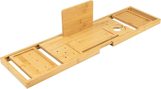 Utoplike Bamboo Bathtub Tray Caddy for Tub, Adjustable Bath Tray Bathroom Organizer with Book Tablet Wine Glass Cup and 2 Sliding Towel Holder