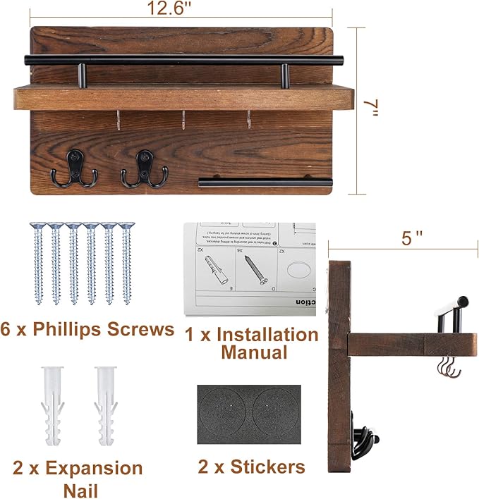 OurWarm Wall Mounted Key Holder/Hangers for Wall Decorative with 5 Key Hooks, Wooden Mail Rack Organizer with Shelf, Rustic Home Decor for Entryway Mudroom Hallway Office, Brown