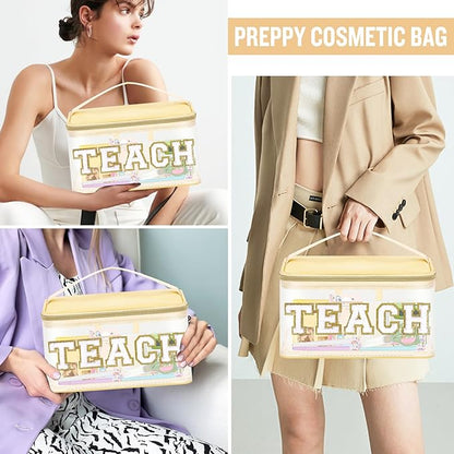 Teacher Appreciation Gifts Chenille Letter Clear Makeup Bag TEACH Pouch, Preppy Patch Makeup Bag Zipper with Handle Nylon Travel Cosmetic Bag Graduation Retirement Teacher Gifts for Women(TEACH-Beige)
