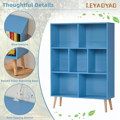 LEYAOYAO Cube Bookshelf 3 Tier Mid-Century Blue Modern Bookcase with Legs,Retro Wood Bookshelves Storage Organizer Shelf,Freestanding Open Book Shelves for Bedroom,Living Room,Office