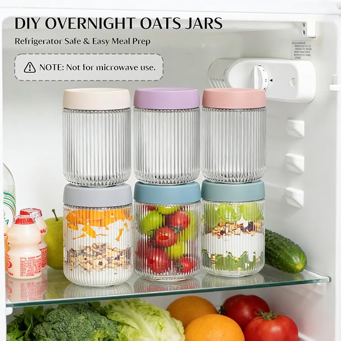 INSETLAN 16oz Glass Overnight Oats Containers with Lids – 6 Pack, Ribbed Glass Mason Jars for Meal Prep, Glass Food Storage Containers for Chia Pudding, Yogurt, Snacks, Fruit & Vegetables, Milk