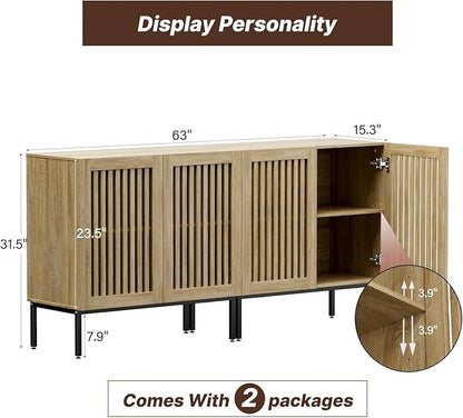 Buffet Cabinet with Storage,Set of 2 Farmhouse Console Table with Metal Base and Adjustable Shelf,Sideboard Coffee Bar Cabinet with 4 Doors for Kitchen,Dining Room,Living Room,Oak
