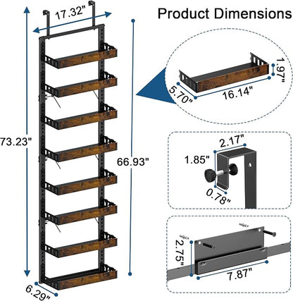 BUKFEN 8-Tier Over the Door Pantry Organizer, 2-in-1 Door Hanging or Wall Mounted Spice Rack, Heavy Duty Metal Storage Shelves with Adjustable Wooden Baskets for Kitchen Bathroom Closet